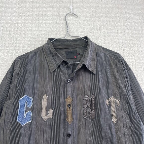 Y2K Clint Long Sleeve Button Up Shirt Grey Striped Trapstar Style Hip-Hop Men L - Picture 2 of 15